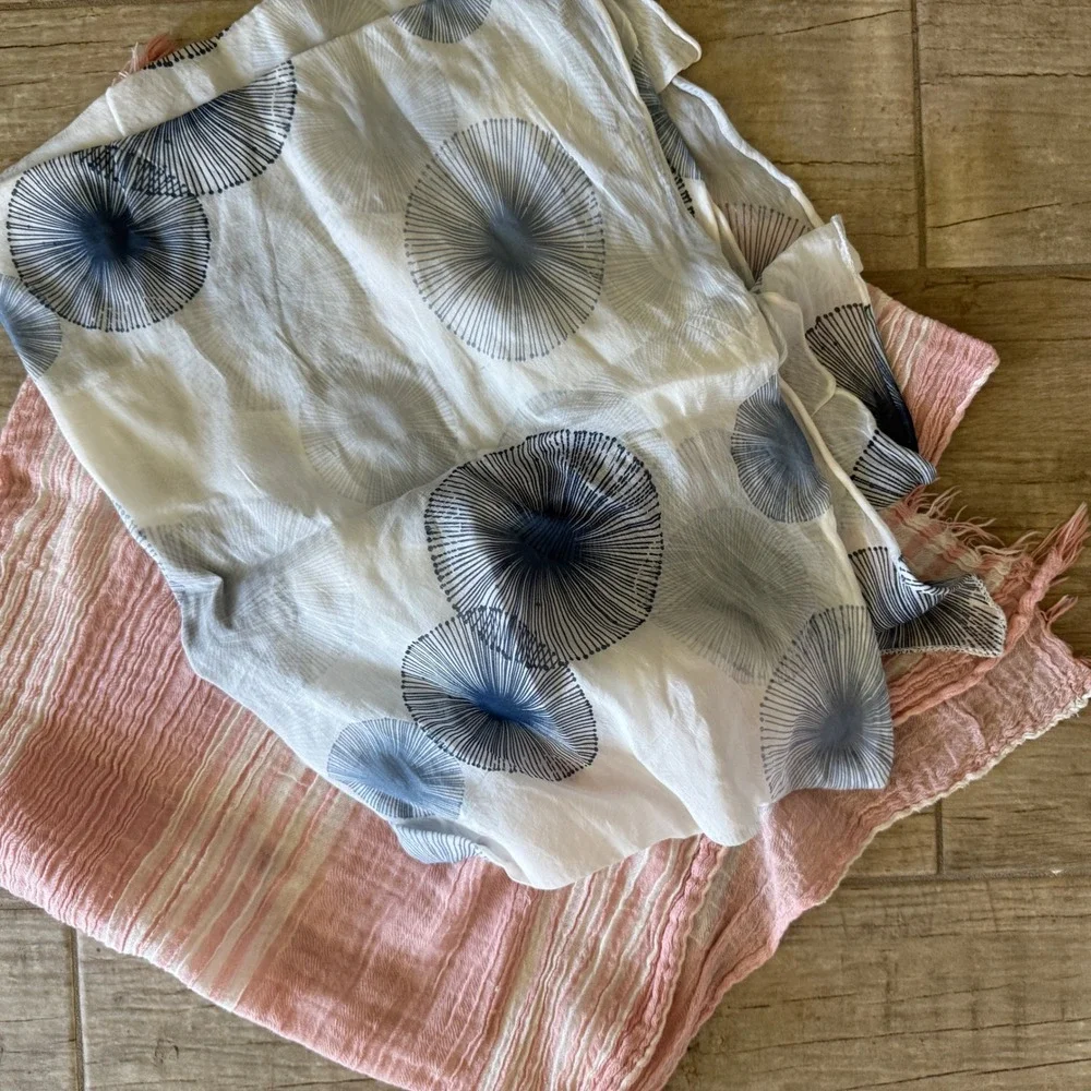 Pink Striped and Navy Blue Circle Print Lightweight Fringe Wrap Scarf‎